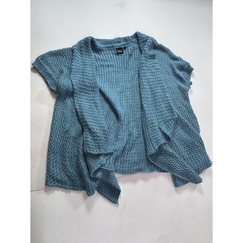 Beyond Definition Cardigan Sweater Womens 3X Blue Alpaca Open Knit Short Sleeve